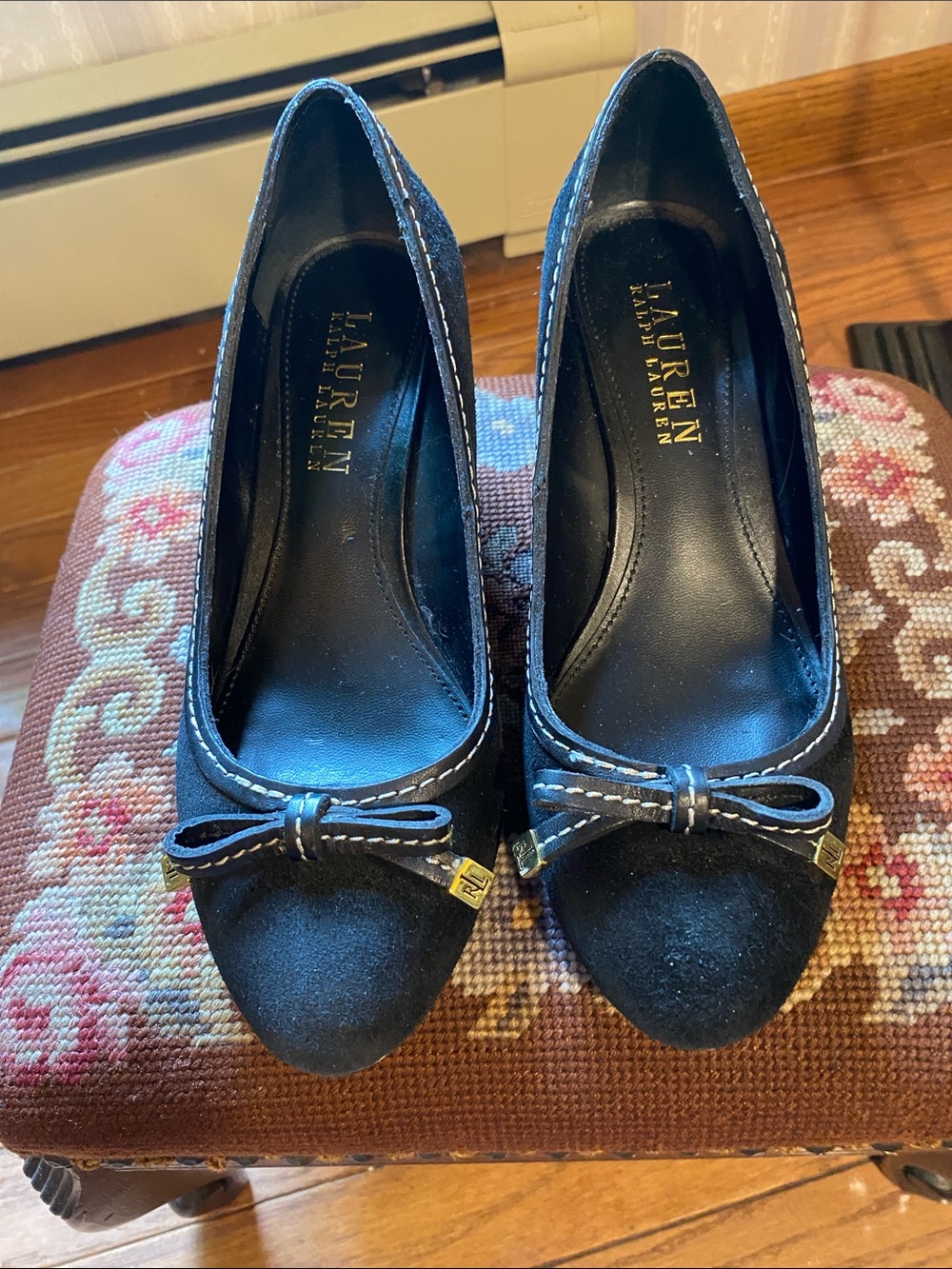 Lauren Ralph Lauren Black Suede Bow-Trim Wedge Shoes